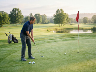 Fototapeta premium Mature Male Golfer Putting on Scenic Green at Sunrise
