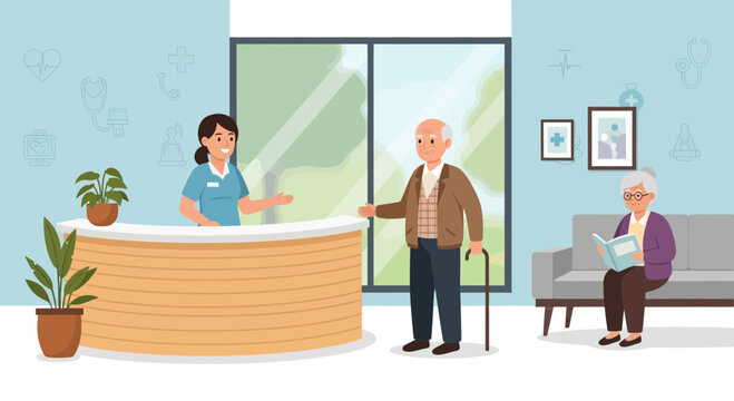 Elderly couple receiving care at a medical facility.