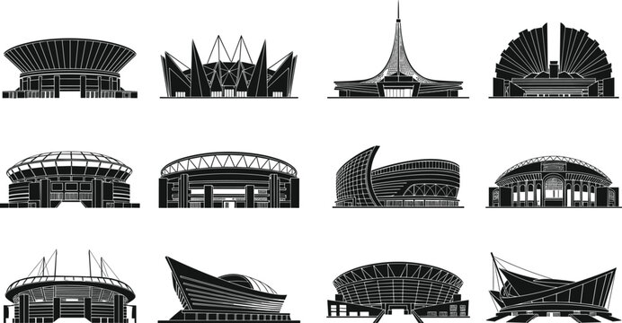 Modern stadium and arena silhouettes set with architectural buildings, sports venue vector collection isolated, urban construction design elements for events and infrastructure projects