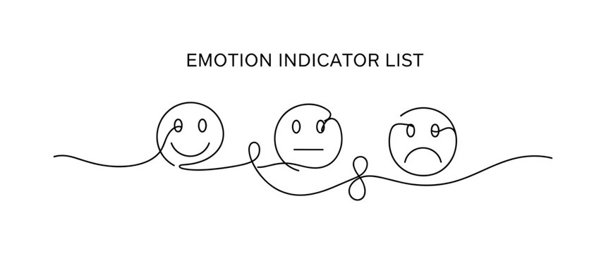 Emotion Indicator List. Minimalistic one-line drawing tasks with smiley, neutral, and sad face symbols for mood, continuous single black line on