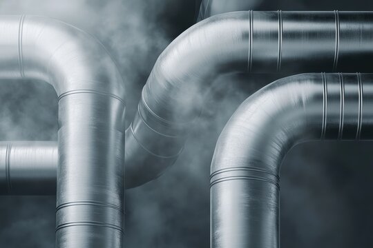 Steel pipes are shown in a simple arrangement with steam in the background