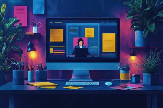 Virtual online course setup with teacher on screen and notes on desk in a minimal layout