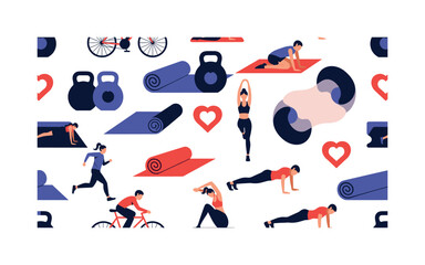 Naklejka premium healthy lifestyle patterns seamless pattern, repeating pattern, surface design, textile print, modern illustration of running, cycling, kettlebells, yoga mats,