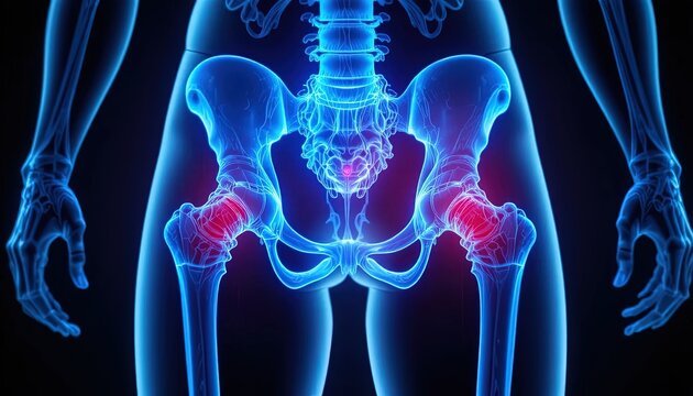 Illustration of Human Hip Anatomy with Pain Indication in Red, Skeletal Structure for Medical and Educational Use