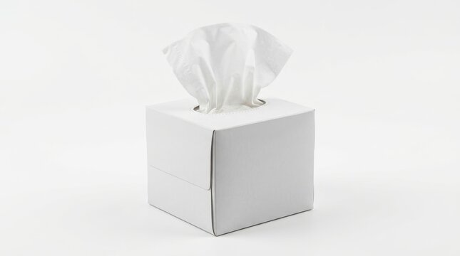 A white tissue box with crumpled tissues emerging from the top, isolated on a clean white background with soft lighting.