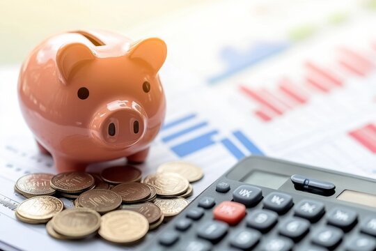 Investing for retirement with a piggy bank, coins, calculator, and minimalism theme in a workspace