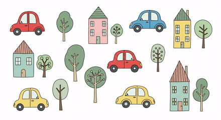 Naklejka premium Colorful illustration of houses and cars.