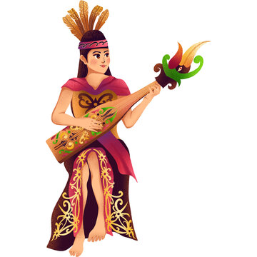 illustration of a Dayak woman playing sape