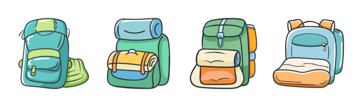 Various hiking backpacks with sleeping pads and gear, outdoor adventure equipment icons.