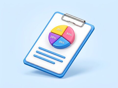 Clipboard with pie chart on white paper and blue border and silver clip on light blue background  business statistics infographic