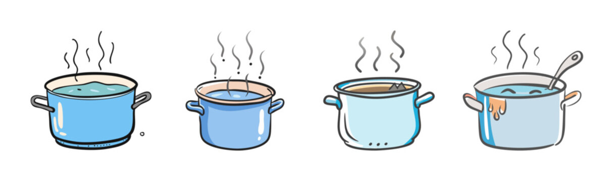 Four cartoon pots of boiling water with steam rising, for cooking and recipes.