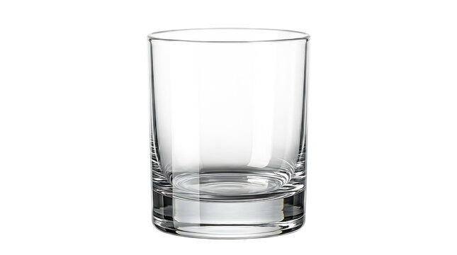 Clear empty drinking glass with thick base and straight sides isolated on a clean white background perfect for beverage advertising and bar