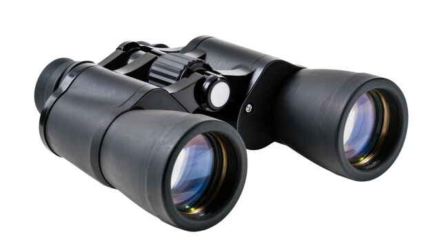 Sleek black binoculars with silver accents and refractive lens elements, isolated on transparent background for travel and nature themes