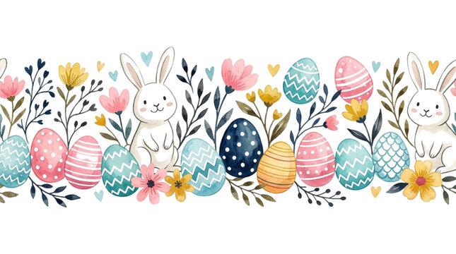 Seamless Watercolor Easter Bunnies, Colorful Eggs, Spring Flowers Border. Festive Holiday Design for Marketing, Cards, Crafts.