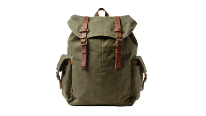 Vintage olive-green canvas rucksack with brown leather straps and flap closure featuring two external pockets, isolated on transparent background for travel themes © Aline