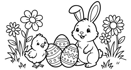 Fototapeta premium bunny painting easter egg and some flowers, coloring page ready to print on standard 8.5x11 inch paper. eps file.