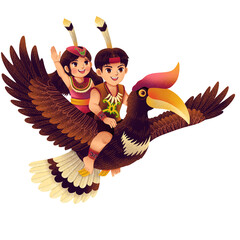 illustration of Dayak children riding hornbills © Rusdi Maulana