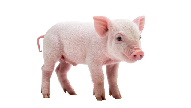 Adorable pink baby piglet standing attentively with curled tail looking forward with curious expression, isolated on transparent background for farm themes