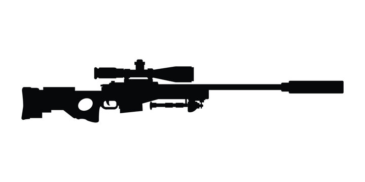 Tactical Precision Sniper Rifle Silhouette Featuring Scope Suppressor and Bipod Isolated