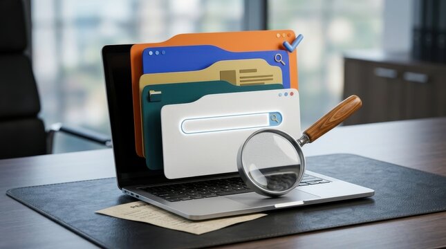 Laptop screen displaying colorful folders search bar and magnifying glass on a desk