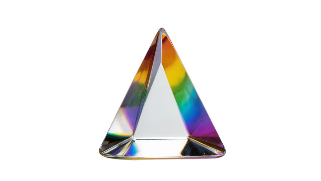 Iridescent triangular prism refracting vibrant rainbow light spectrum, isolated on transparent background for scientific education and optical displays