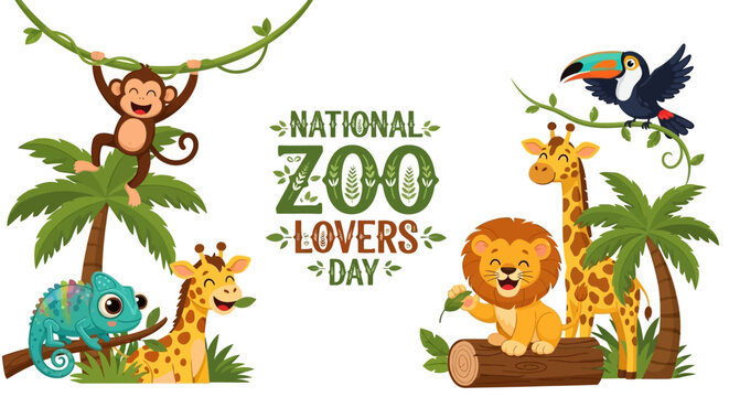 Vibrant vector illustration celebrating National Zoo Lovers Day, showcasing a playful monkey swinging from a vine, a colorful toucan in flight, a lion resting on a log, and giraffes near