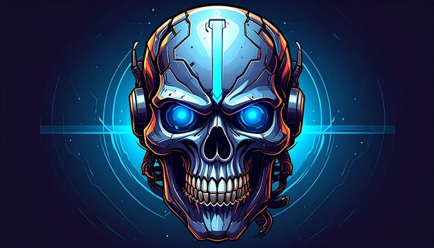 A futuristic skull with blue eyes and metallic elements