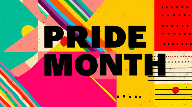 Modern Pride Month typography with colorful geometric rainbow stripes in clean vector layout, professional background for branding, marketing, and inclusive campaigns
