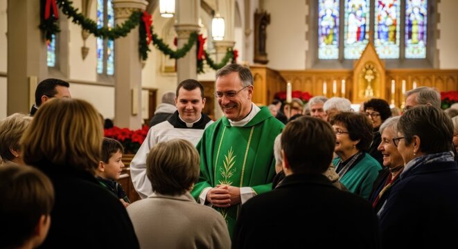 Priest Greeting Congregation After Christmas Mass in Church