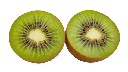 Fototapeta premium Two vibrant kiwi fruits halved to reveal juicy green flesh speckled with tiny black seeds, isolated on transparent background for healthy food designs