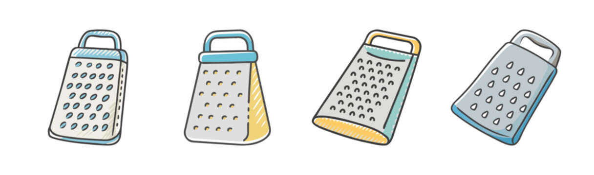 Collection of four hand-drawn graters for cheese and vegetables in cartoon style