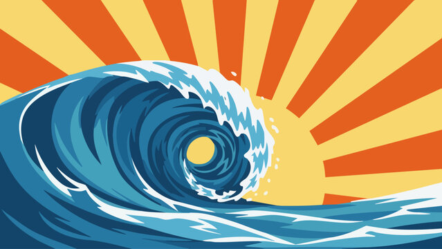 Ocean Wave Sunrise Retro Vector Illustration Surf Sea Background