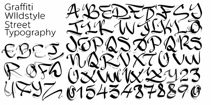 An alphabet and numbers rendered in a wildstyle graffiti typography
