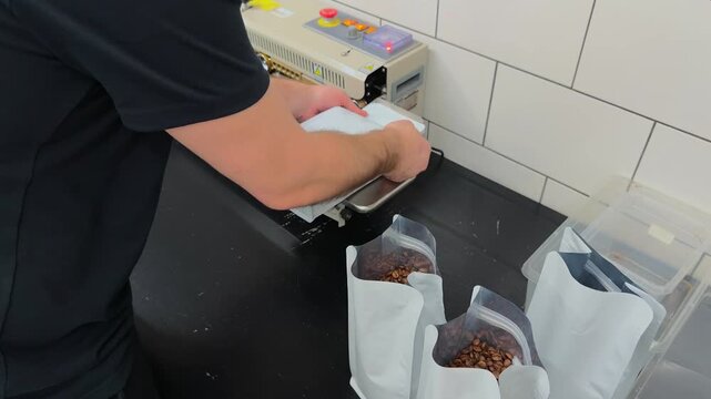 Professional Coffee Roaster Sealing Brown Kraft Bags Filled with Fresh Roasted Beans using Industrial Heat Sealing Machine at Production Facility Warehouse with Authentic Anonymous Hands Shot