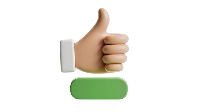 Stylized 3D human hand giving a thumbs-up gesture positioned above a rectangular green button, isolated on transparent background for digital approval