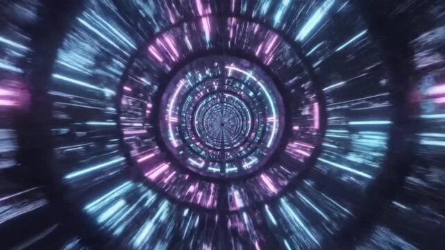 Abstract futuristic neon tunnel animation with glowing blue and purple lights creating hyperspace travel effect. Perfect for technology background, sci-fi visuals, cyberpunk theme.