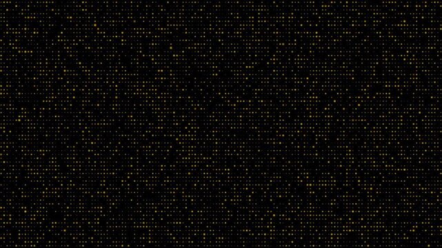  Golden glowing blinking lights. Grid pattern with random size dots. Shimmering particles abstract background Abstract animation of golden dots blinking on a black background, creating a starry night 