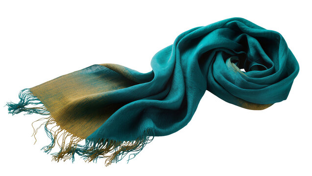 Flowing teal and gold silk scarf with delicate fringe, elegantly draped and isolated on transparent background for fashion design projects