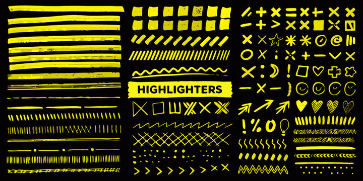 A collection of bright yellow highlighter marks patterns and doodles on black
