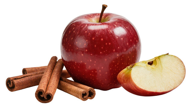 Vibrant red apple with a green stem alongside several cinnamon sticks and a halved apple, isolated on transparent background for healthy recipes