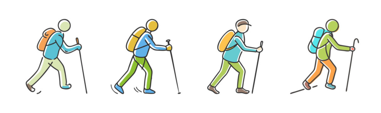 Hiking icons set with backpackers walking, outdoor adventure trekking characters, minimalist line art people with hiking poles and backpacks