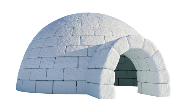 Traditional snow igloo structure built from rectangular ice blocks showcasing an arched entrance, isolated on transparent background for winter themes