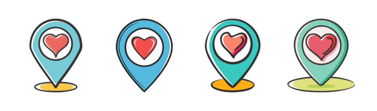 Colorful map pin icons with red hearts, set of 4 location markers in flat cartoon style, romantic destination pointers for travel apps