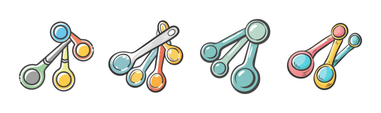 Colorful measuring spoons set, kitchen baking tools icons, culinary measurement equipment in flat cartoon style, 4 sets of colorful utensils
