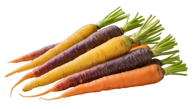 Vibrant assortment of heirloom carrots displaying orange purple and yellow hues showcasing fresh produce, isolated on transparent background for healthy recipes