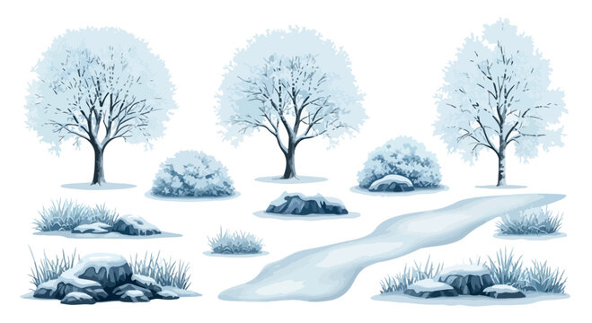Winter landscape vector elements, snow covered trees and frozen bushes set, icy rocks and snowy path for seasonal nature illustration isolated PNG with Transparent Background