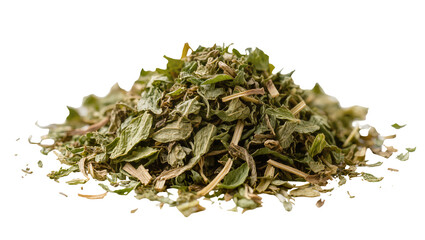 Pile of vibrant green dried mint leaves intricately layered and textured, isolated on transparent background for culinary and herbal applications © Julie