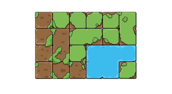 Pixel art game tileset with grass, dirt and water elements, 2D top-down environment map assets, cartoon nature landscape blocks for gaming isolated PNG with Transparent Background