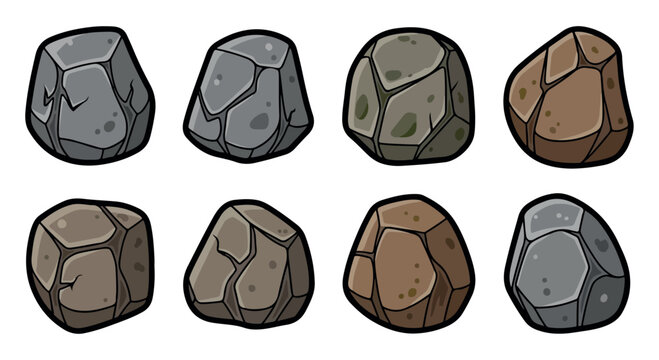 Cartoon rock and stone collection, 8 vector game assets for environment design, textured grey and brown boulders with cracked details isolated PNG with Transparent Background
