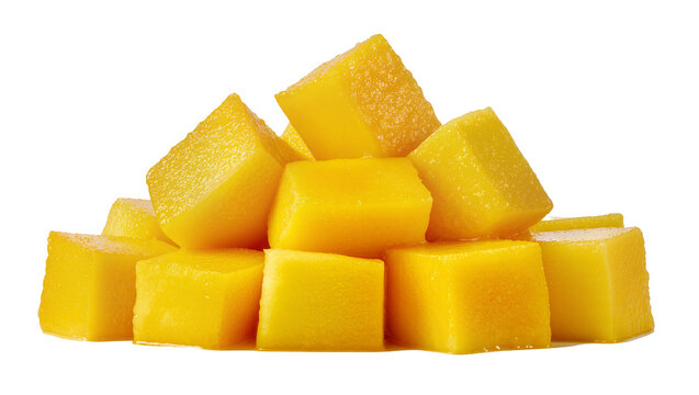 Bright yellow ripe mango chunks meticulously diced into uniform cubes, isolated on transparent background for vibrant tropical food designs